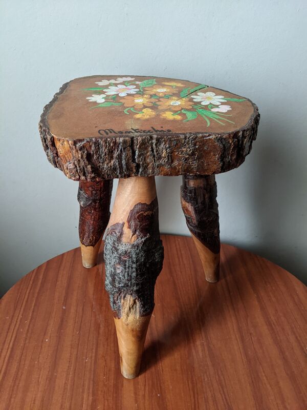 Tabouret tripode porte plante décor floral peint à la main