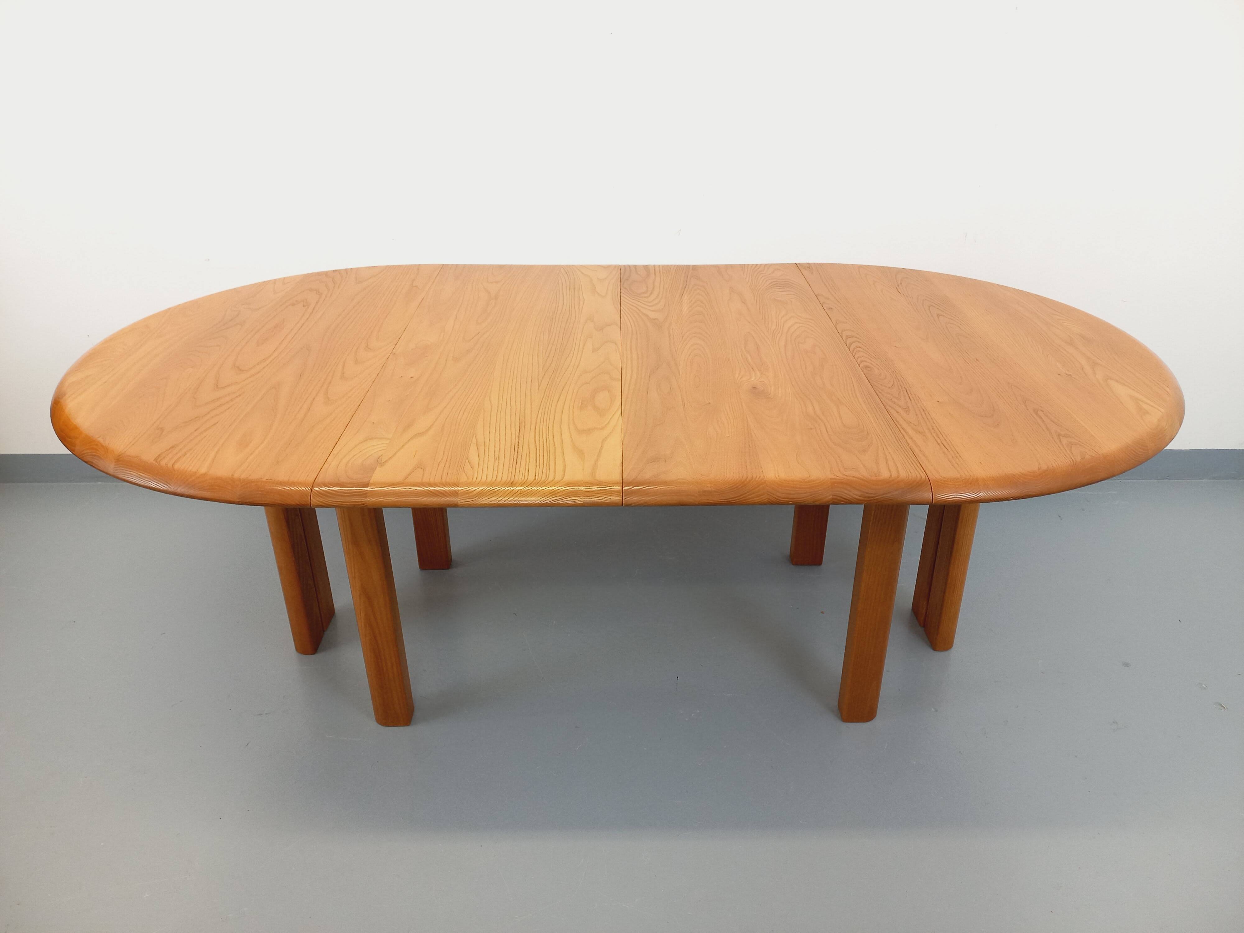 Table à manger ronde vintage Seltz des années 70 80 en orme blond massif