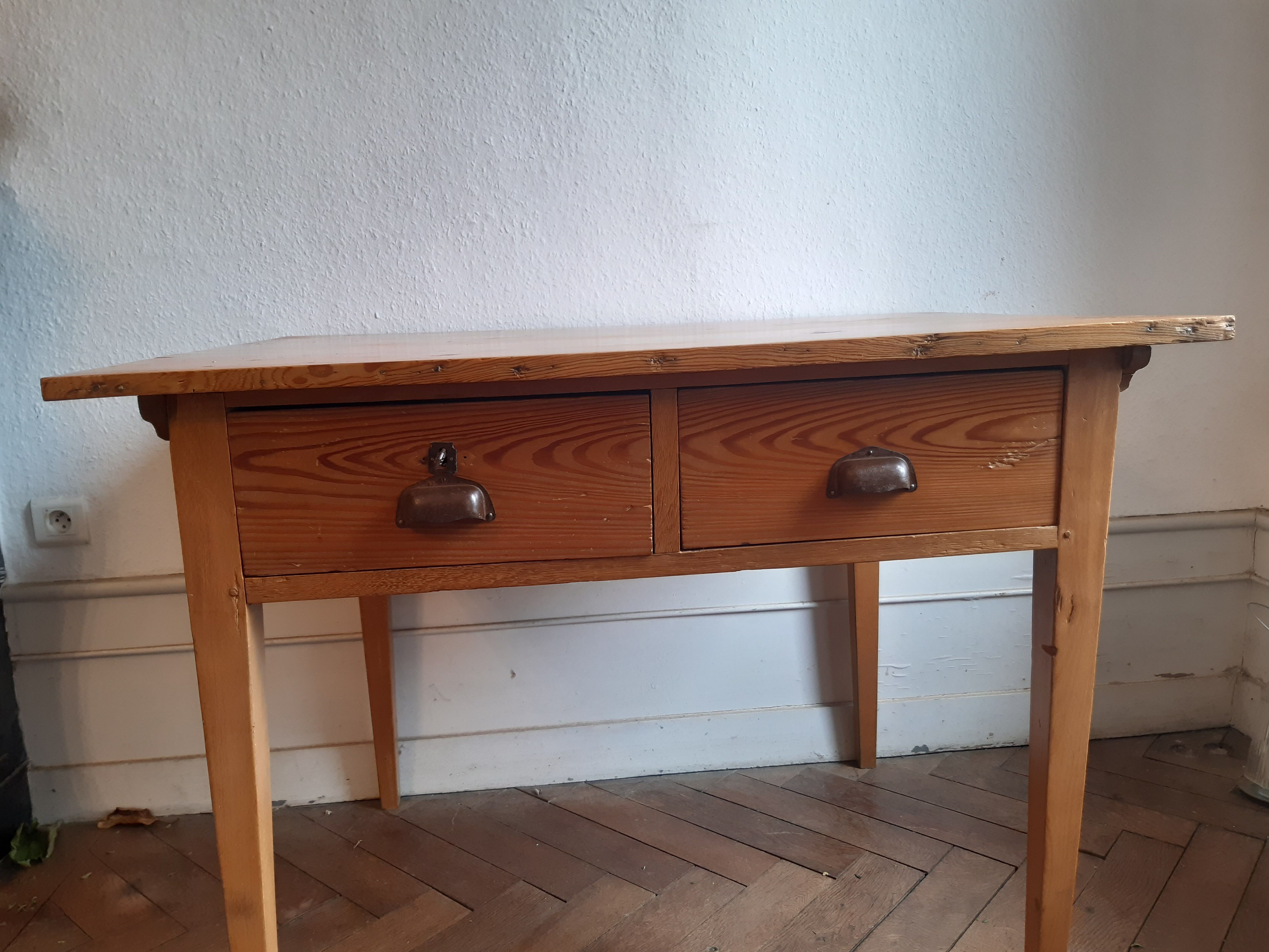 Old office table vintage fir 1900 2 drawers