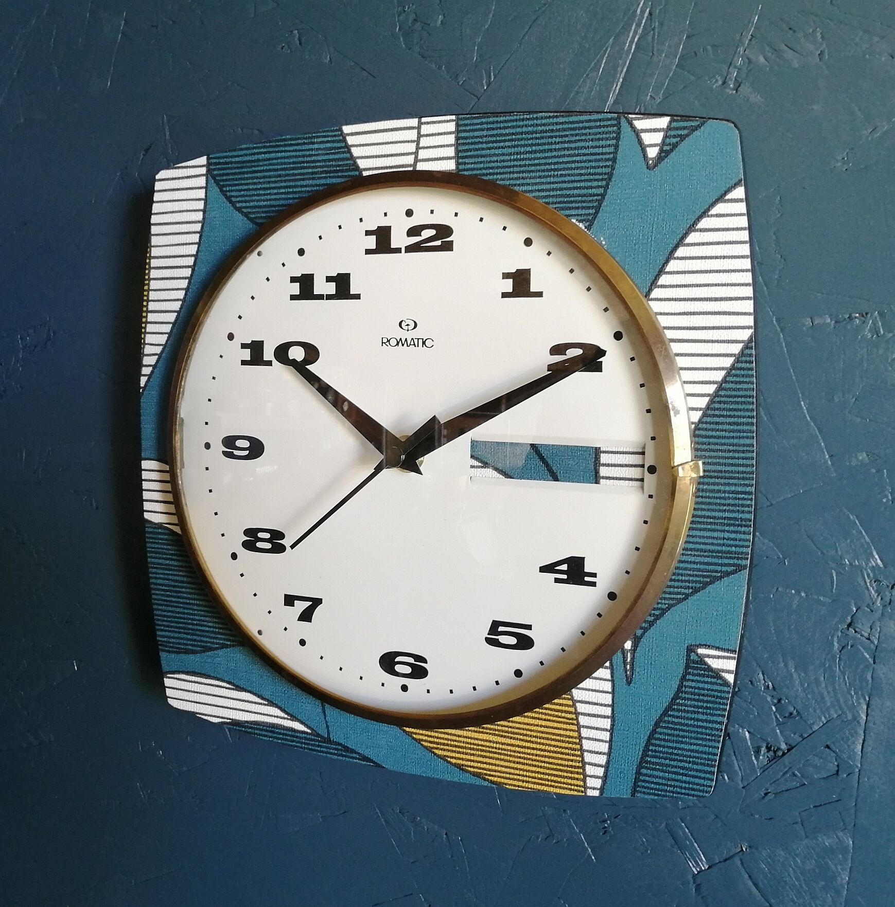 Vintage clock square silent wall clock "Romatic blue white ochre"