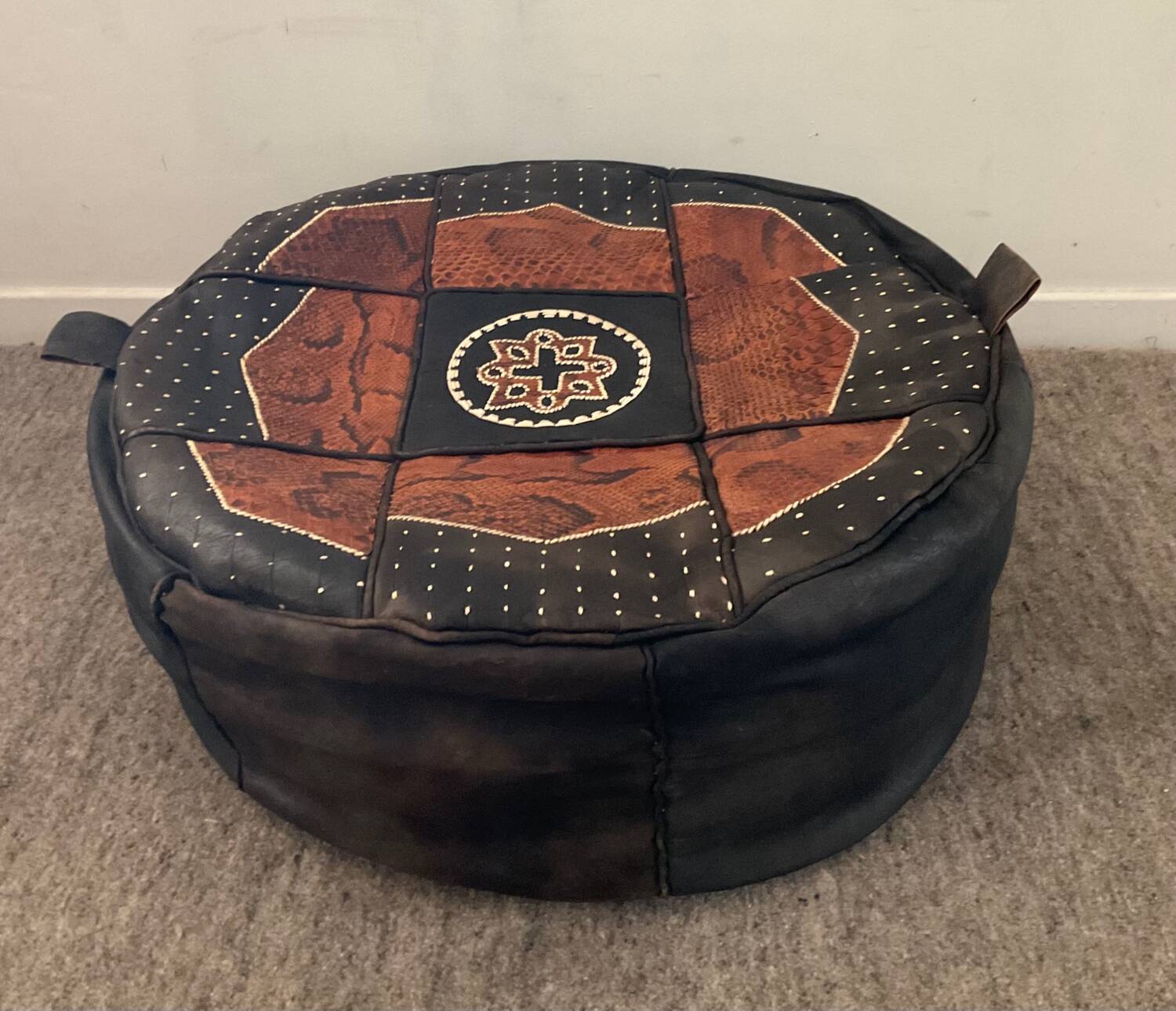 Vintage leather and snakeskin pouf