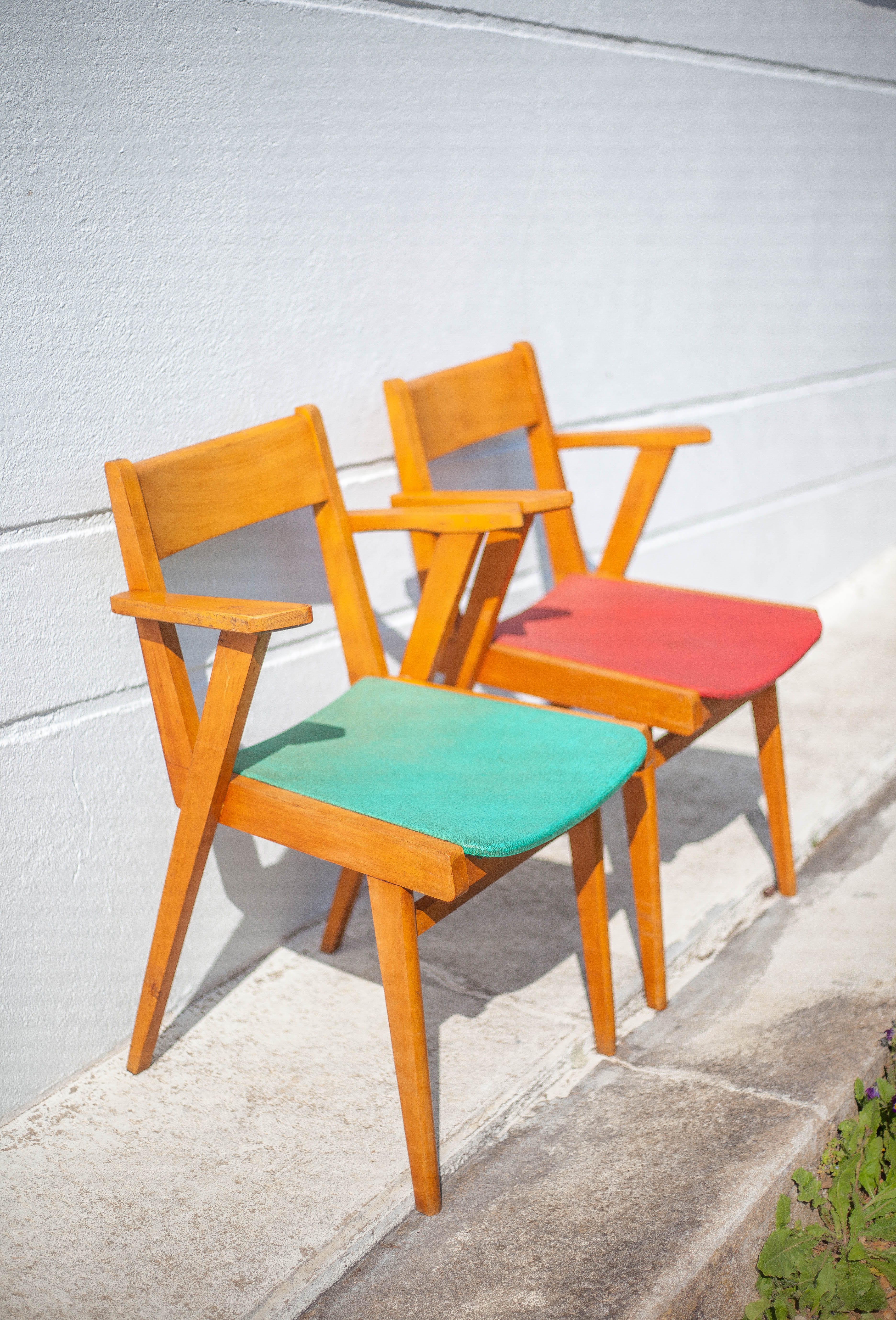 Pair of wooden and skai chairs from the 50s, vintage chairs, chair with armrests, retro