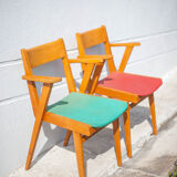 Pair of wooden and skai chairs from the 50s, vintage chairs, chair with armrests, retro