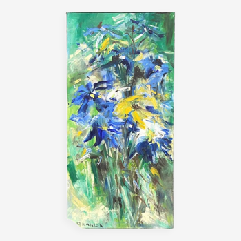 Oil on canvas painting by christian brasseur - blue & yellow irises