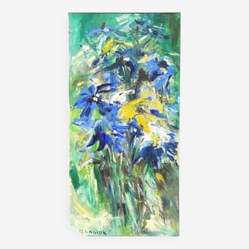 Peinture huile sur toile par christian brasseur - iris bleu & jaune