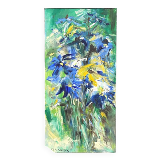 Oil on canvas painting by christian brasseur - blue & yellow irises