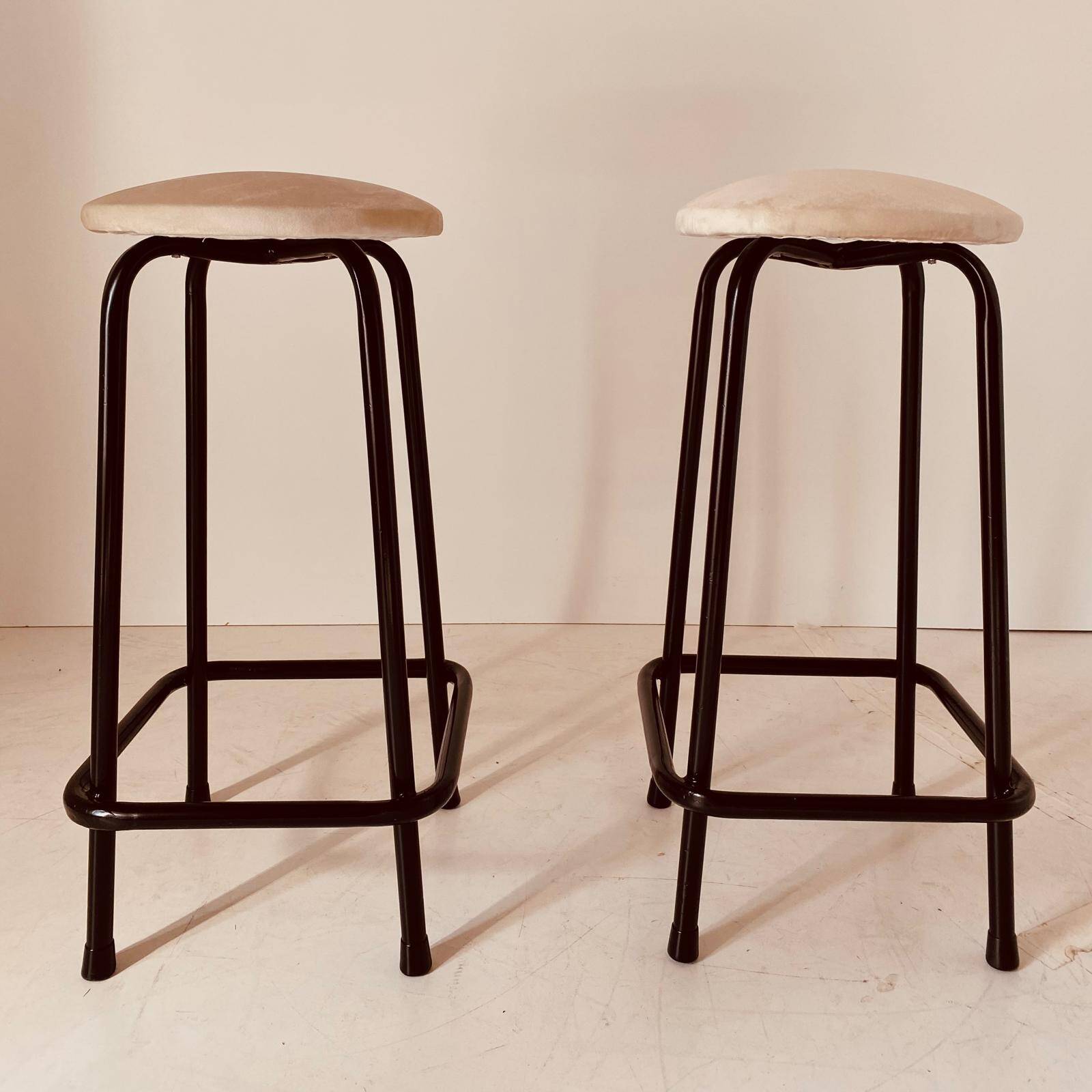 Vintage velvet and iron stools, set of two, Italy 1960s.