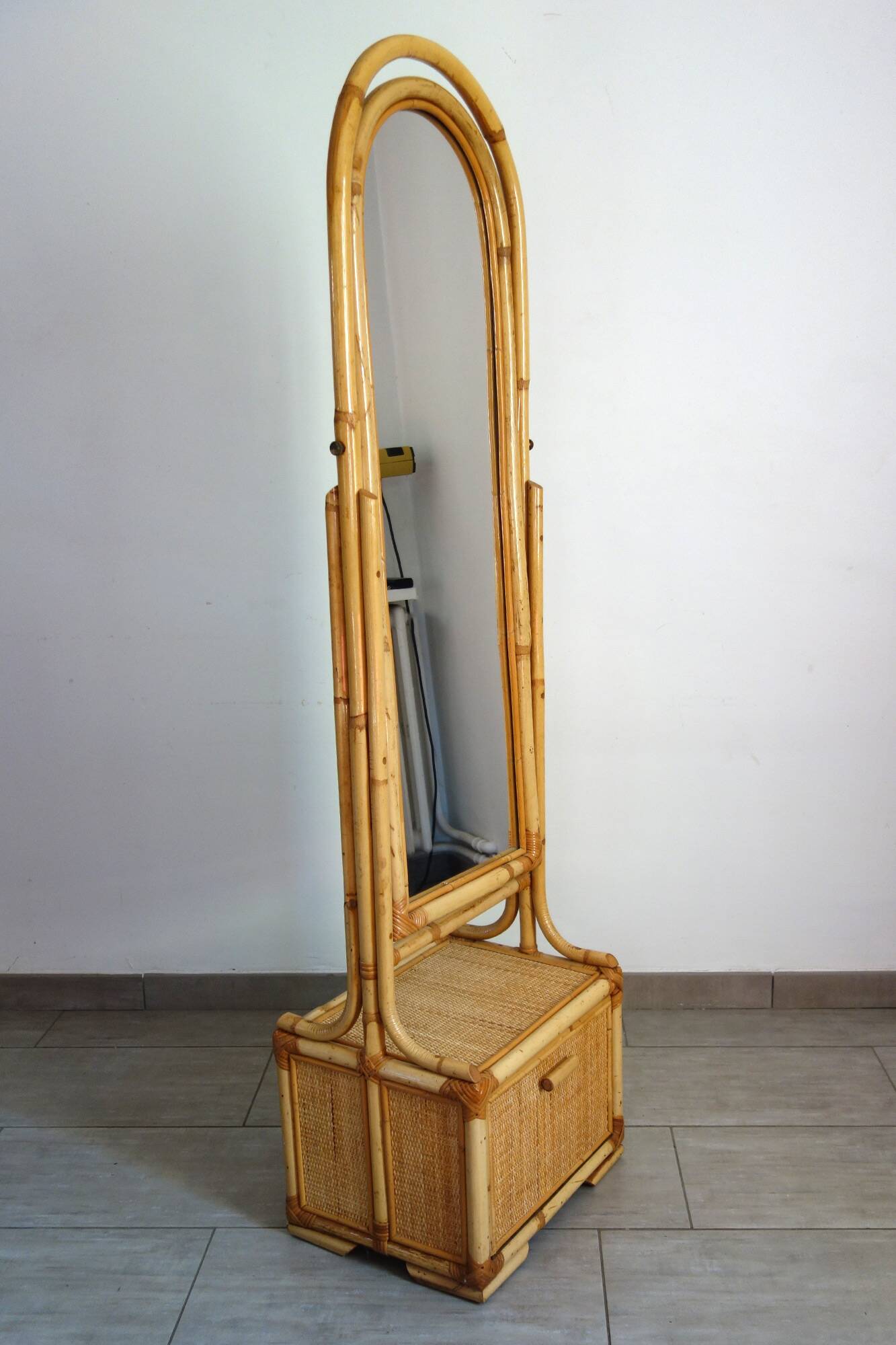 Woven wicker and bamboo full-length mirror, 70s/80s.