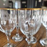 Set of 6 vintage red wine glasses with scrolled drinking rim and gold rim