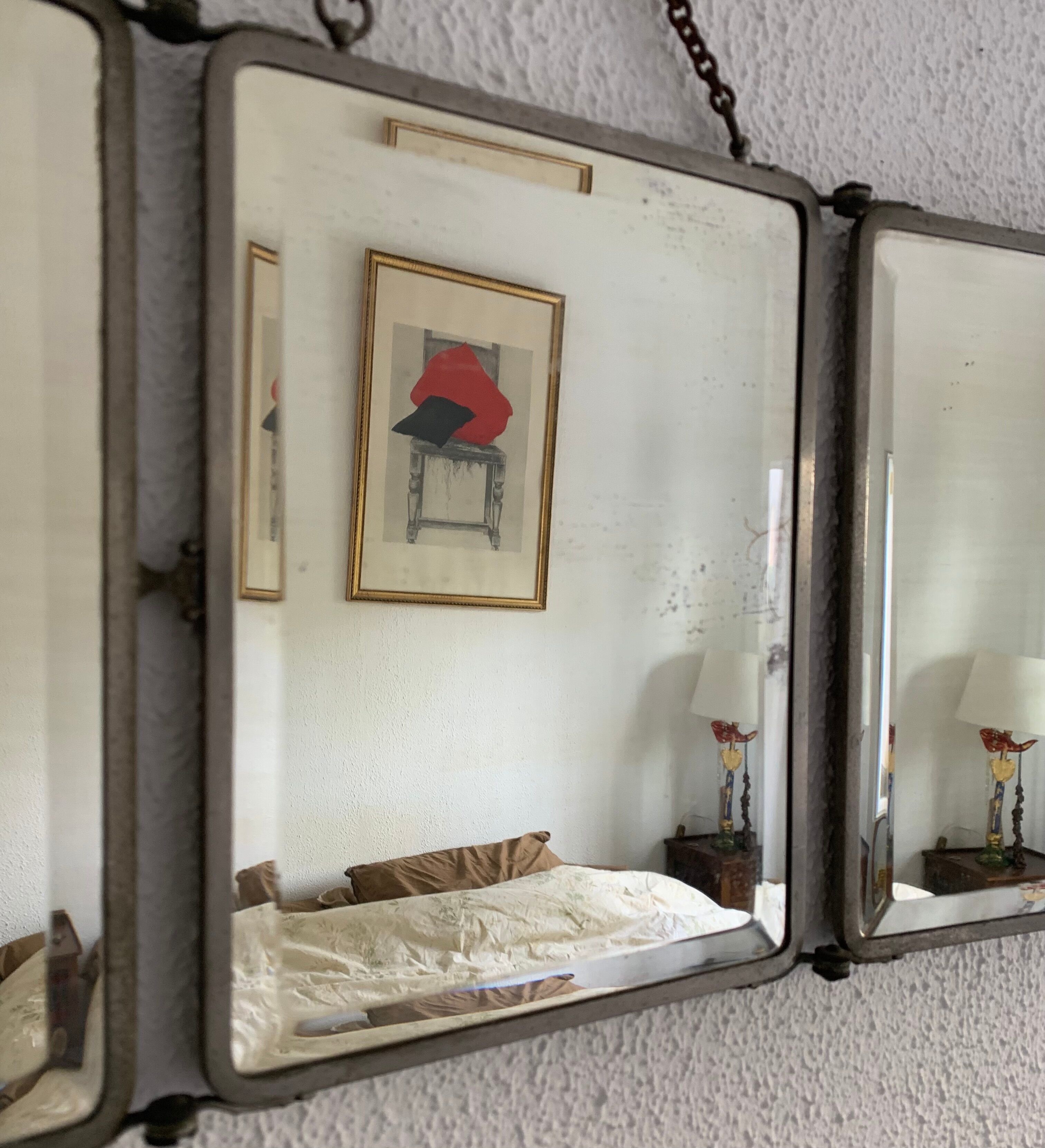 Mirror triptych barber imitation crocodile brown vintage 1930 - 27 x 66 cm