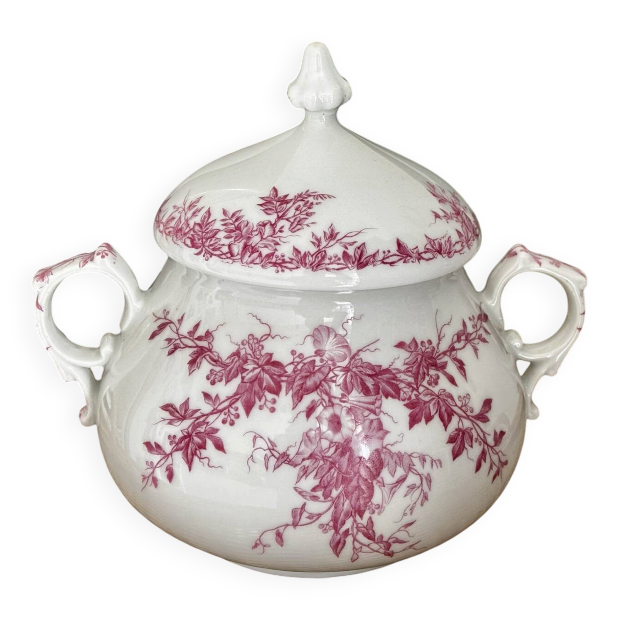 Superb antique sugar bowl in fine porcelain with a floral design in old rose.