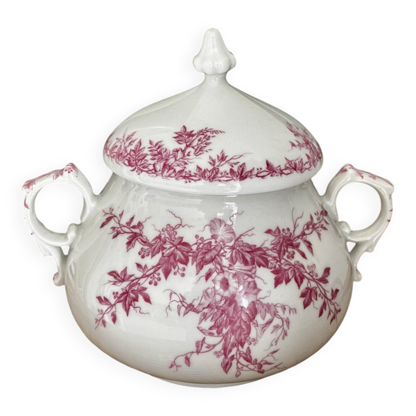 Superbe sucrier ancien en porcelaine fine décor floral vieux rose
