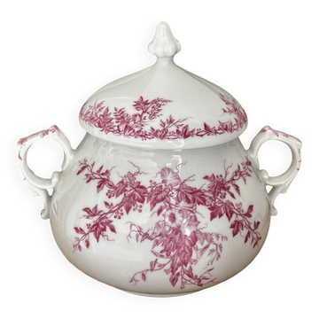 Superbe sucrier ancien en porcelaine fine décor floral vieux rose