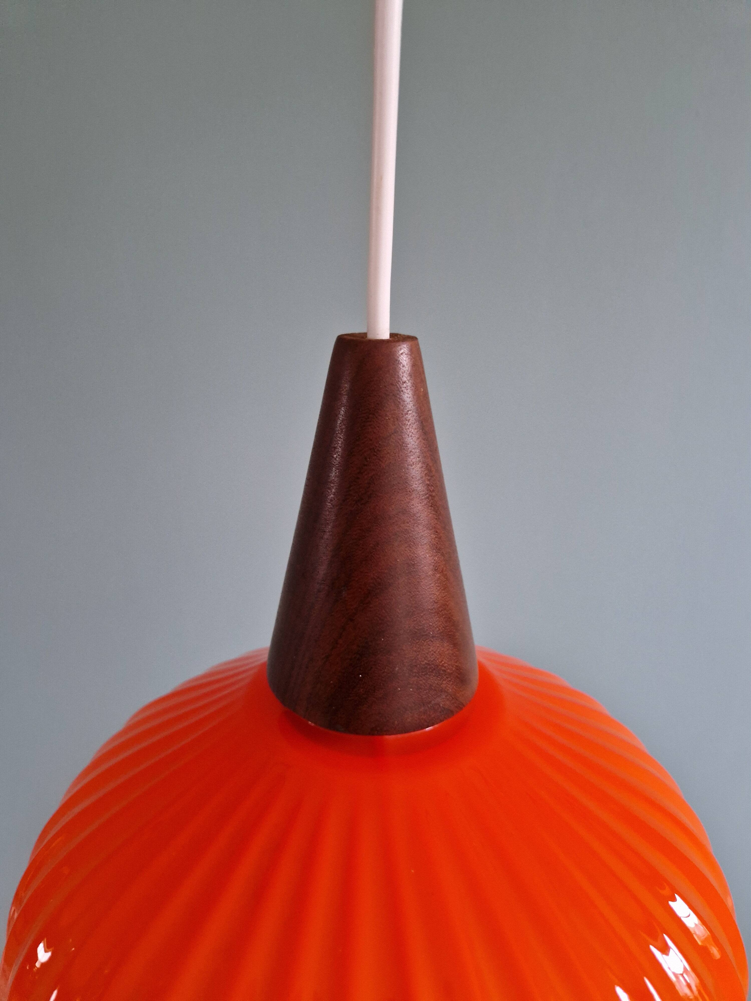 Teak and orange opaline suspension, Scandinavian style, 1960.