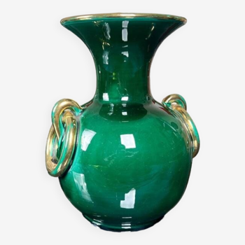 Vase Vintage en Faïence de Vallauris - Vert et Or
