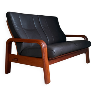 Canapé banquette 2 places scandinave teck et cuir