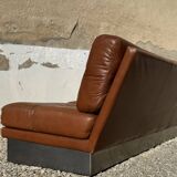 Canapé 3 places en aluminium brossé et cuir marron, France, 1970