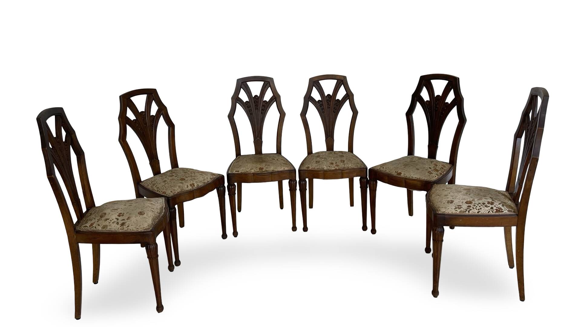 Ensemble de 6 chaises de salle à manger en noyer sculpté Art Déco, années 1920/1930