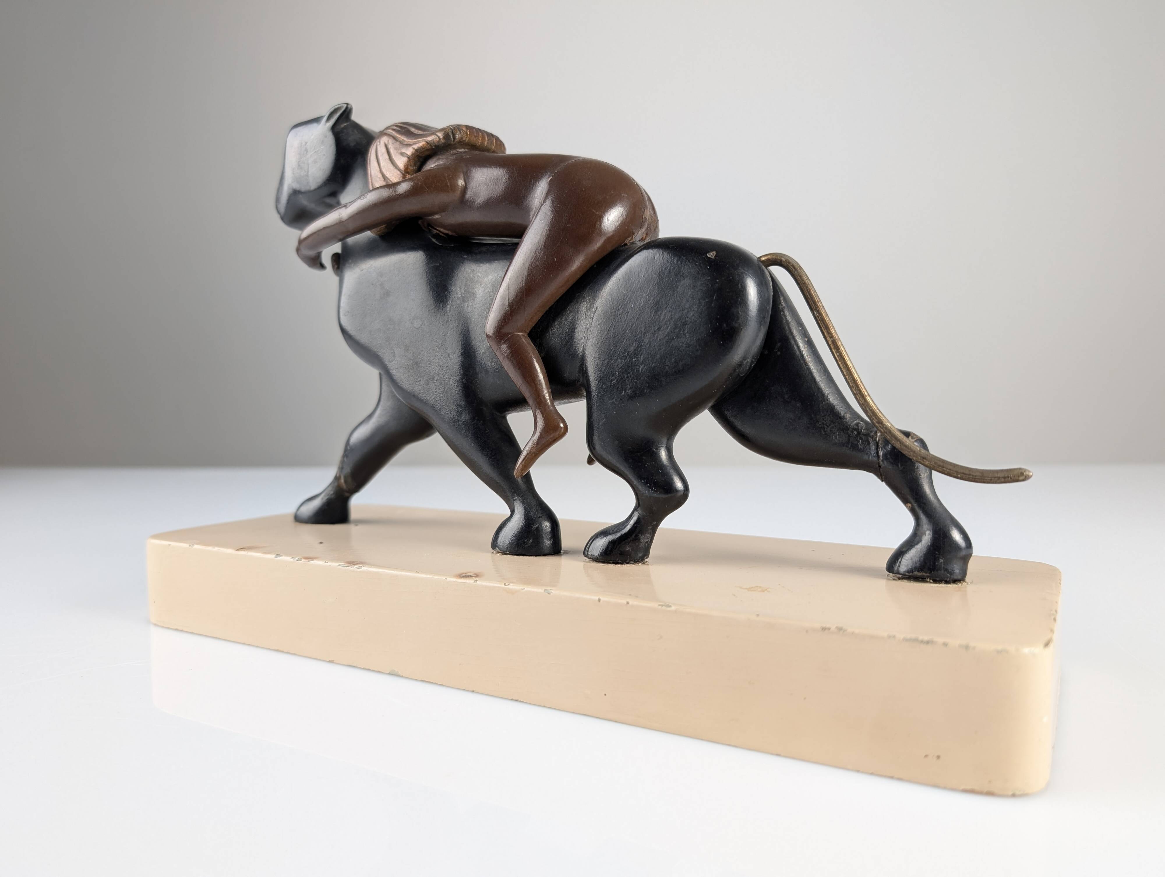 Ariadne and the Panther, Art Deco Sculpture in Wood and Brass, 1920s