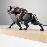 Ariadne and the Panther, Art Deco Sculpture in Wood and Brass, 1920s