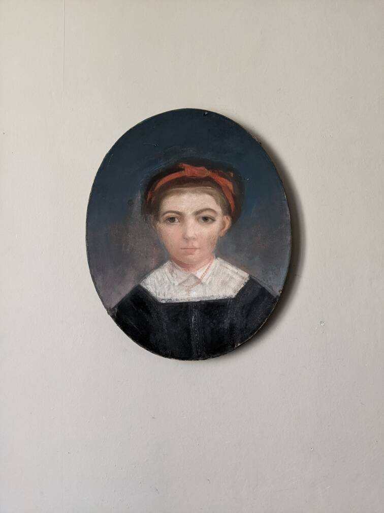 Antique pastel portrait of a young girl, oval painting, countryside decoration, 19th century
