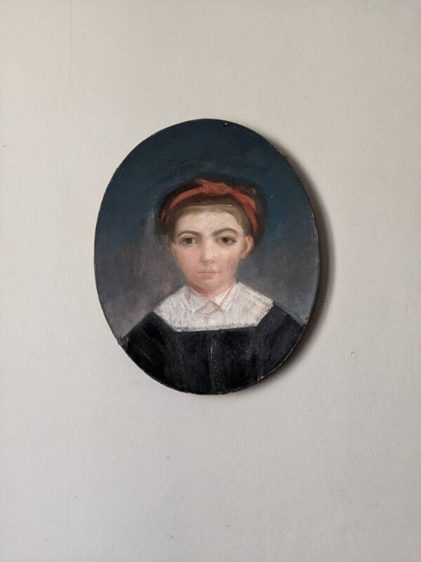Pastel antique portrait jeune fille tableau ovale décoration campagne XIX