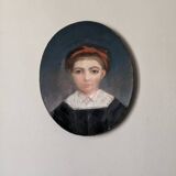 Antique pastel portrait of a young girl, oval painting, countryside decoration, 19th century