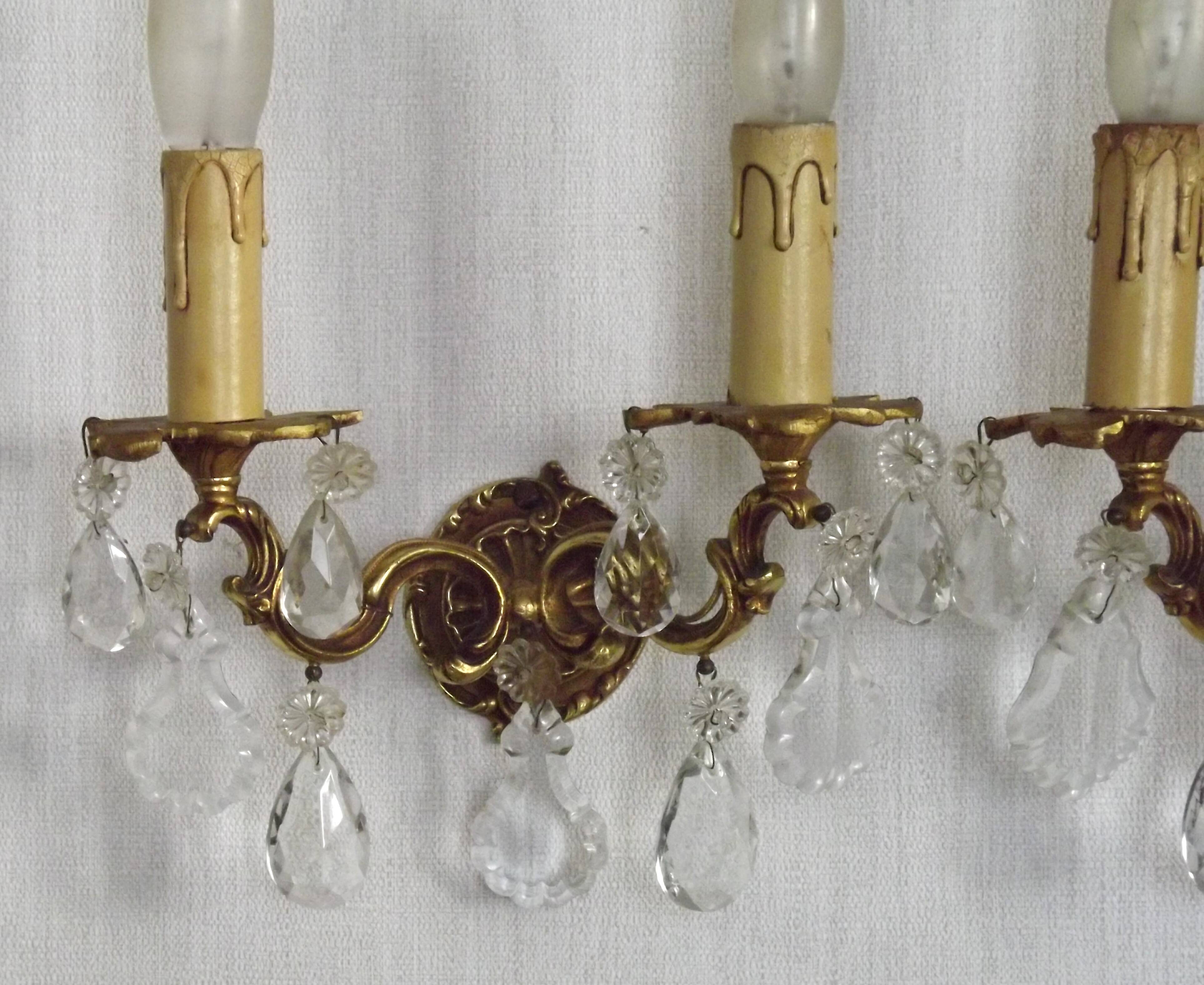 Pair of French Vintage Double Bronze Crystal Wall Lights with Acanthus Detail