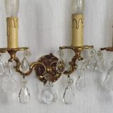 Pair of French Vintage Double Bronze Crystal Wall Lights with Acanthus Detail