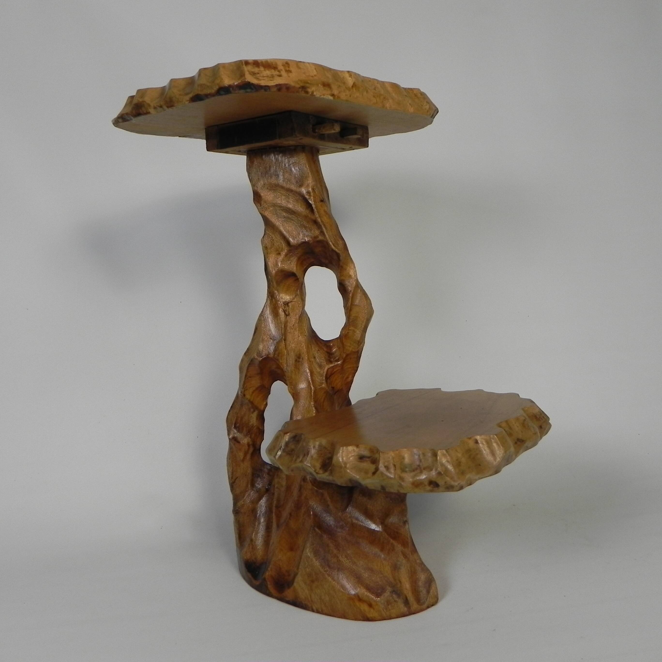 Plant table with 2 shelves, vintage wooden sculpture, USA 1950s