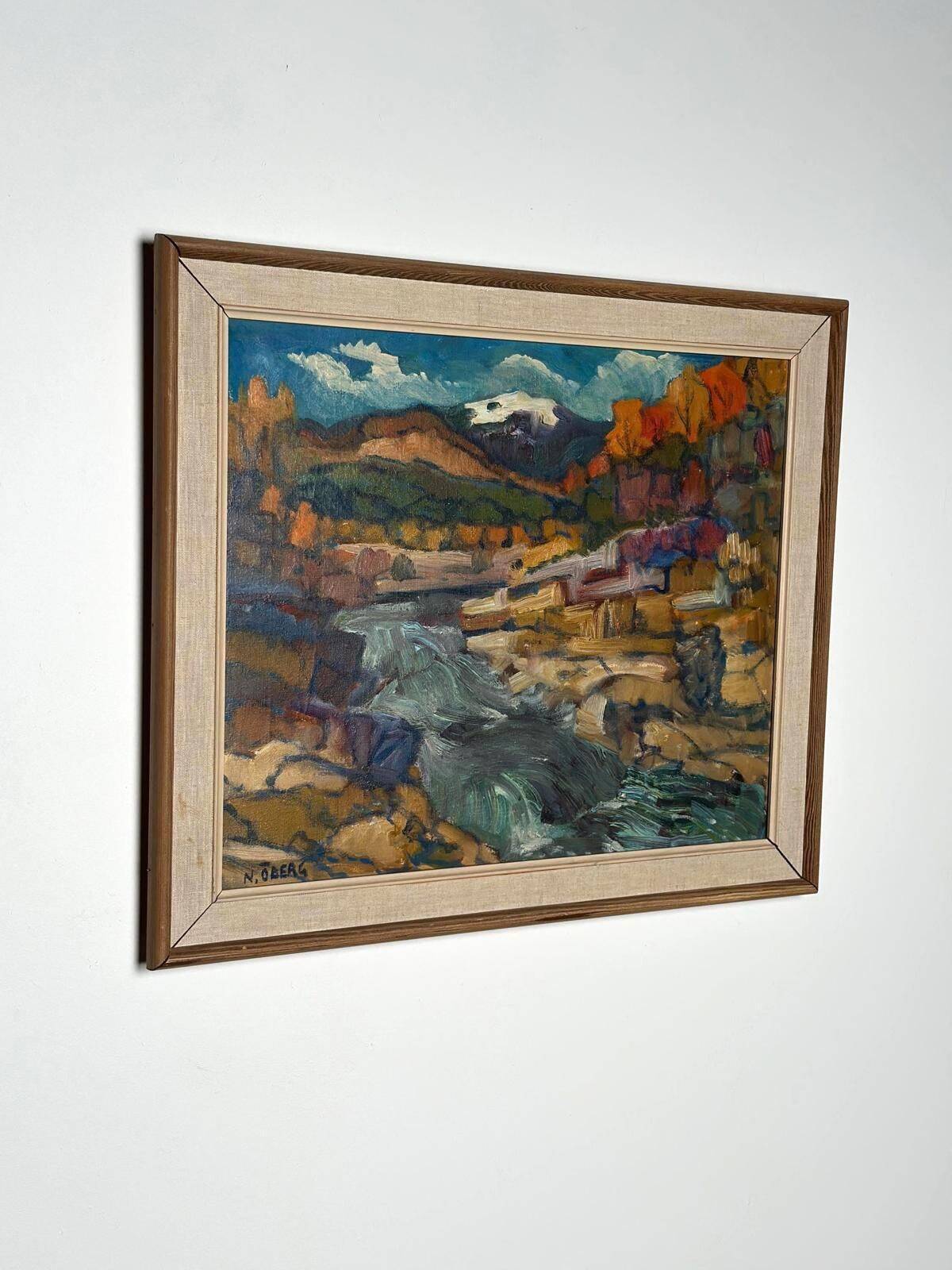 Original Mid Century Swedish Oil On Canvas – “Autumn, Offerdal Mountains, Jämtland” By Nils Öberg – Vintage & Framed – 45 × 53 Cm