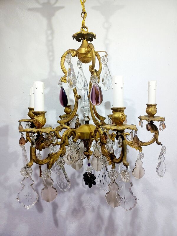 Lustre en bronze et cristal à 6 lumières