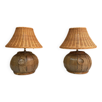 Lampes vintage en coco rotin et osier années 80