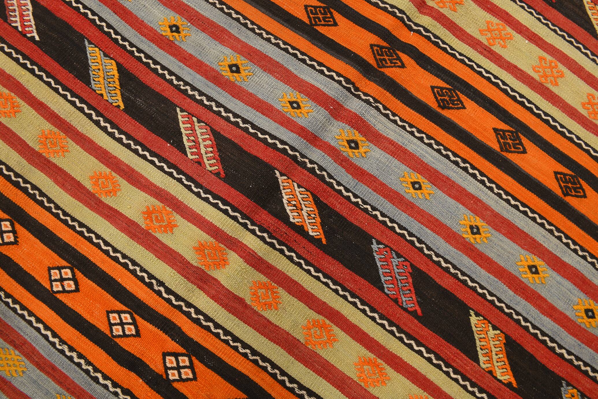6x11 Pumpkin Orange Striped Turkish Vintage Kilim Rug, 182x320Cm