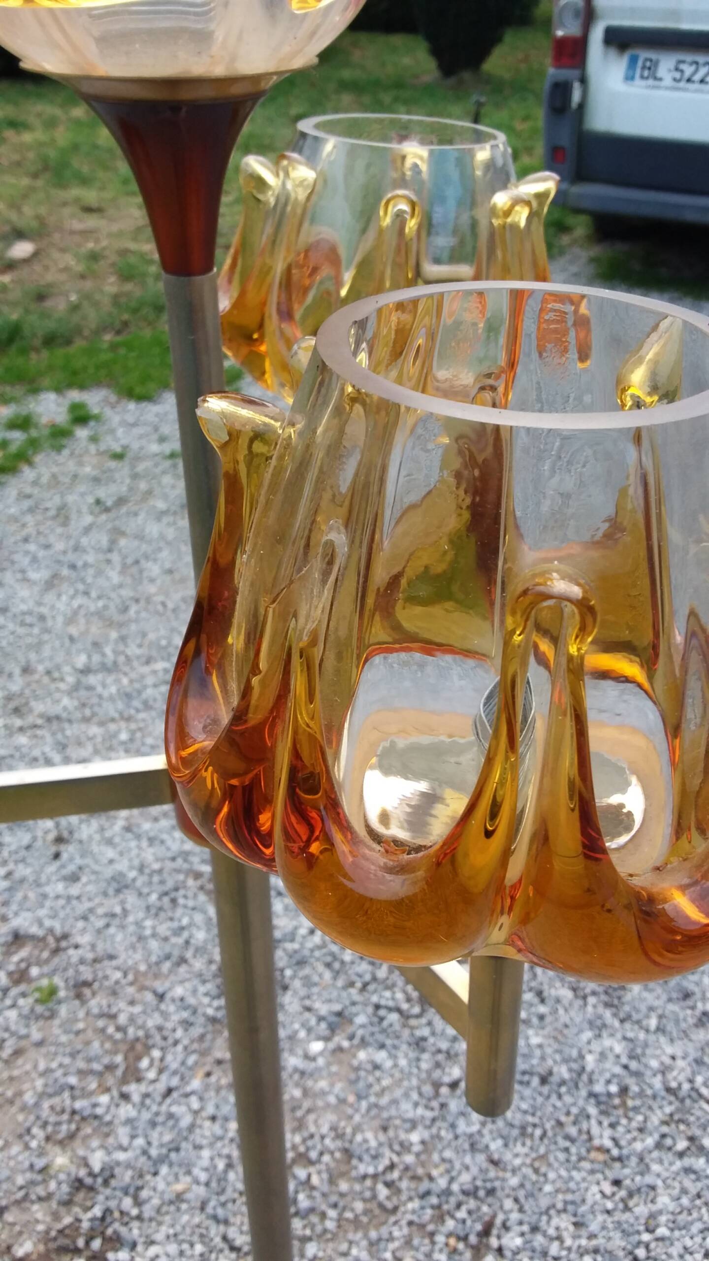 1970s design floor lamp in gold and orange chrome metal with 4 glass tulips