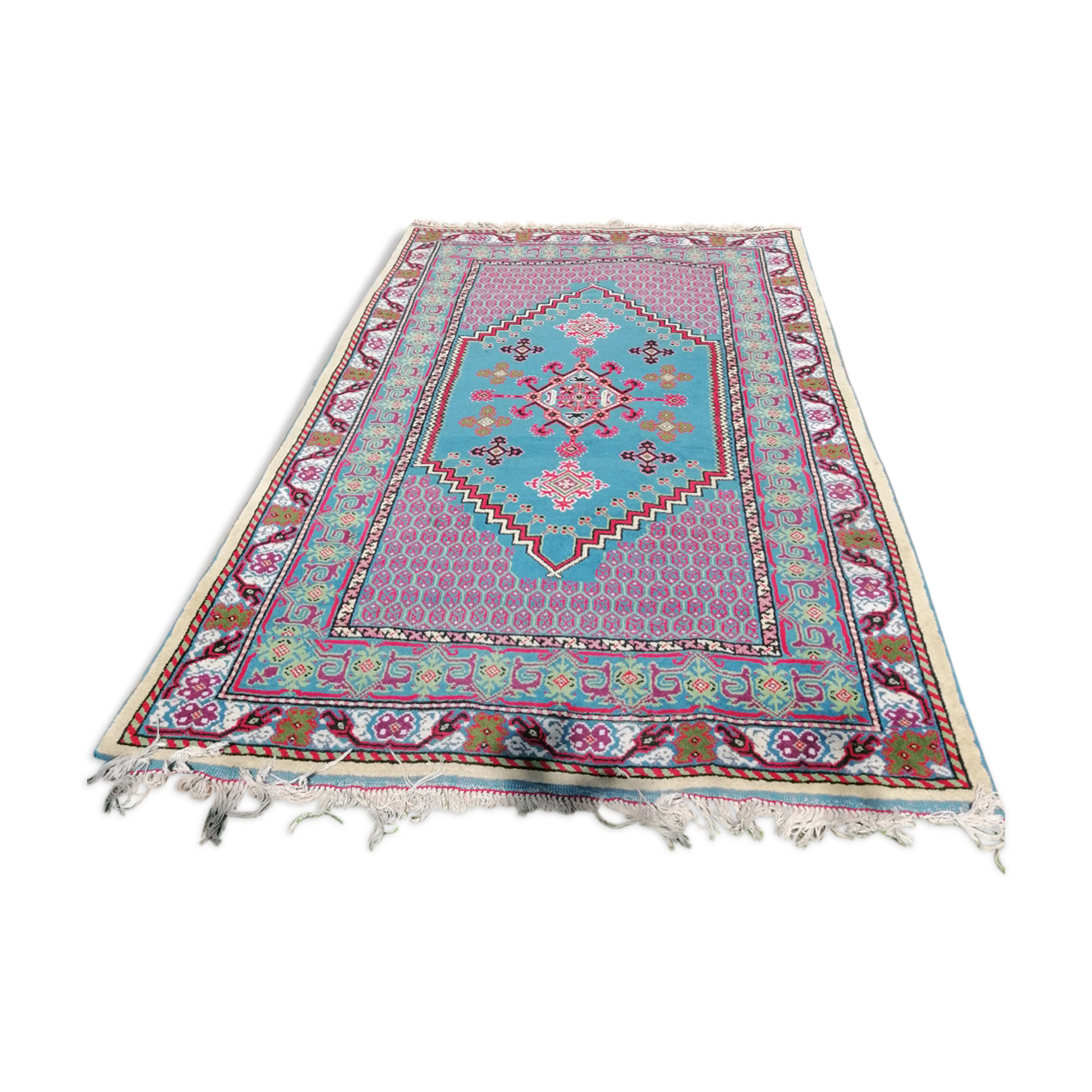 Tunisian carpet in turquoise wool and fuchsia 157x267cm