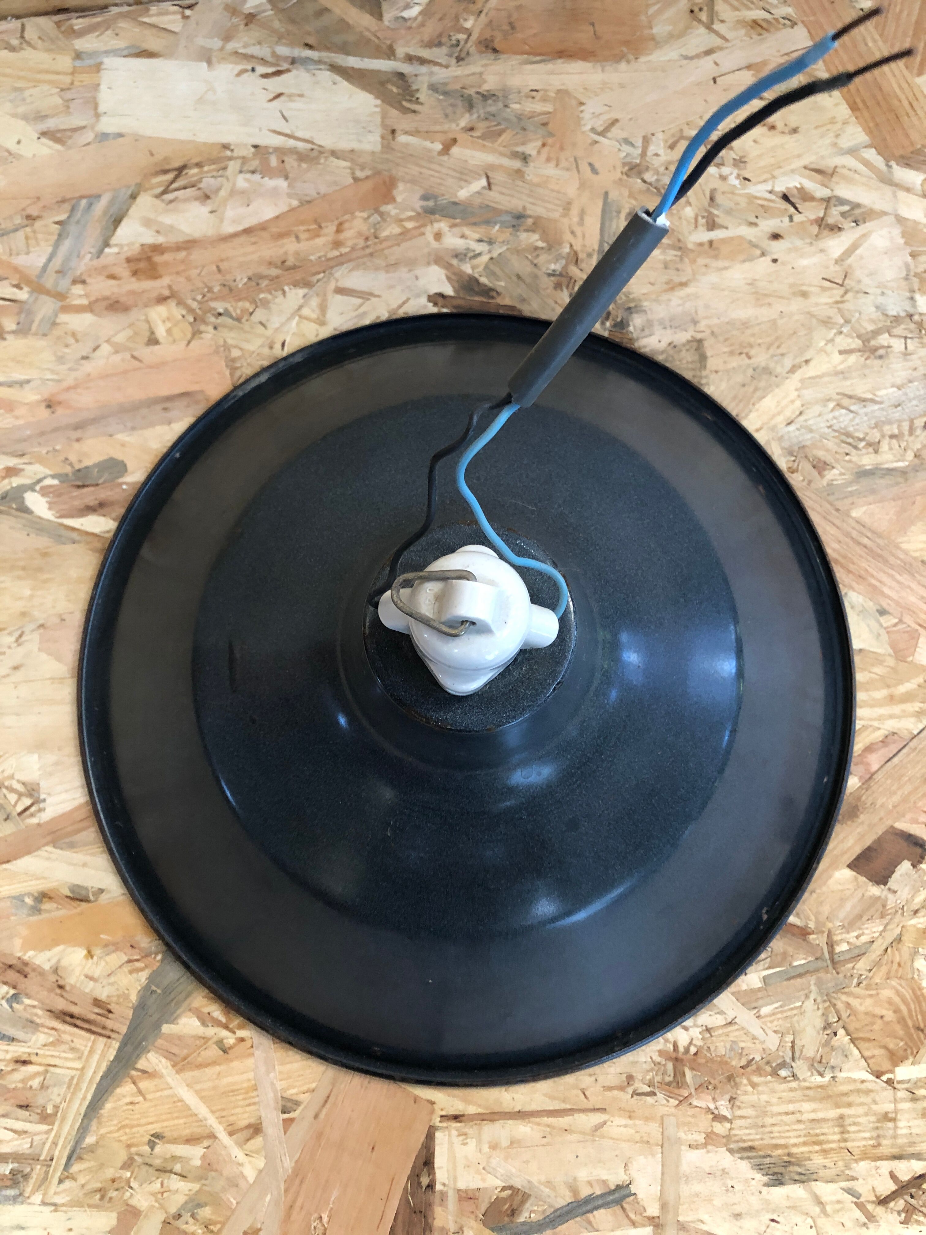 Old pendant lamp workshop metal enamel blue & white vintage ceramic socket