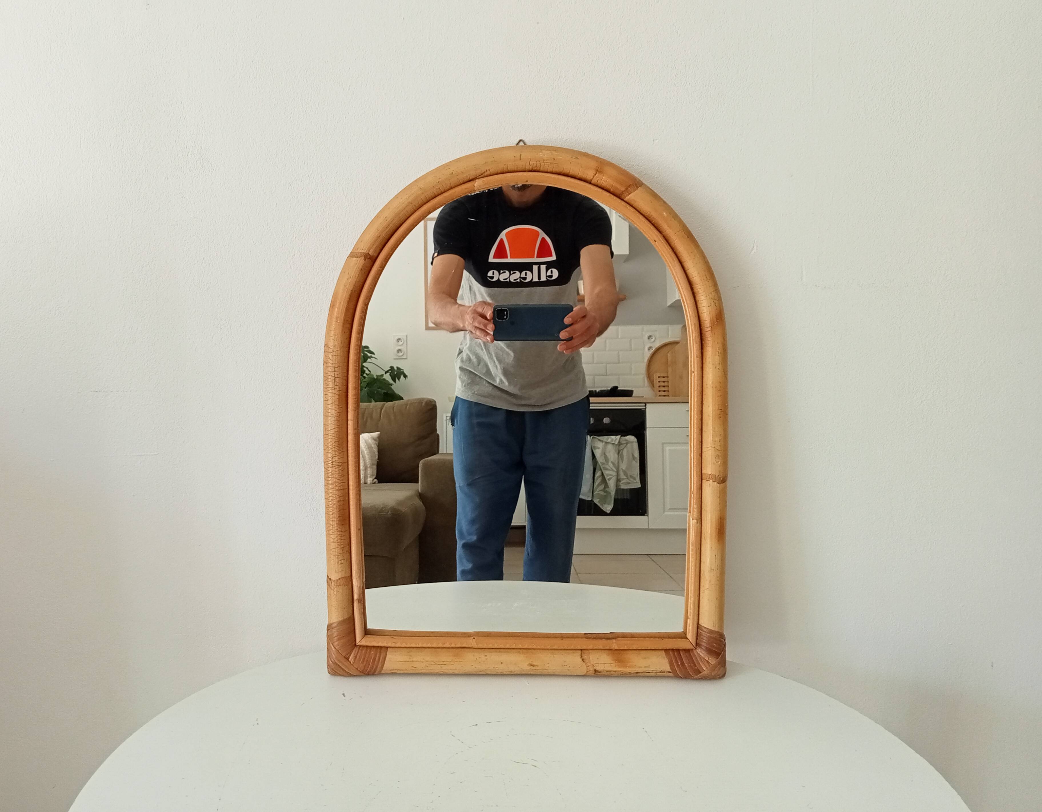 Vintage bohemian arch mirror in bamboo and rattan