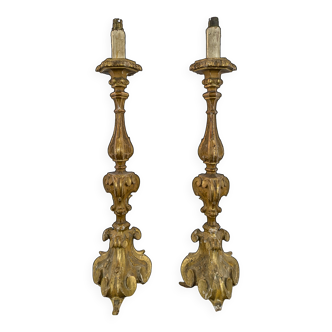 Pair of gilded wooden candlesticks from the 18th century converted into lamps.