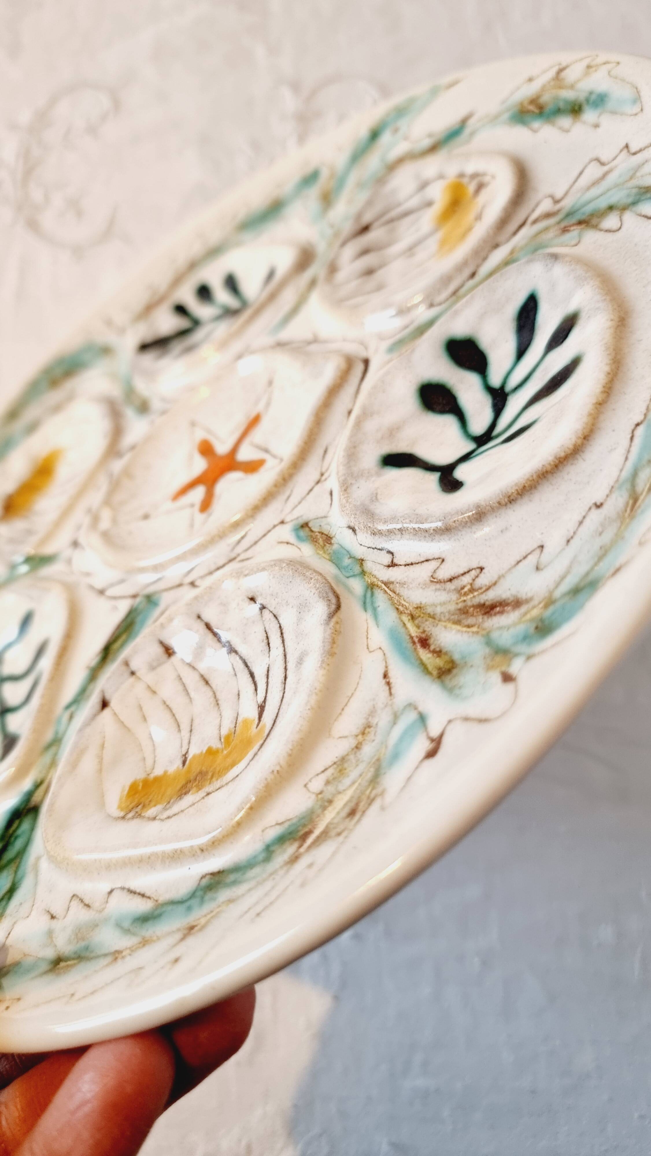 Interesting French porcelain oyster dish MBFA Pornic hand-painted marine M.