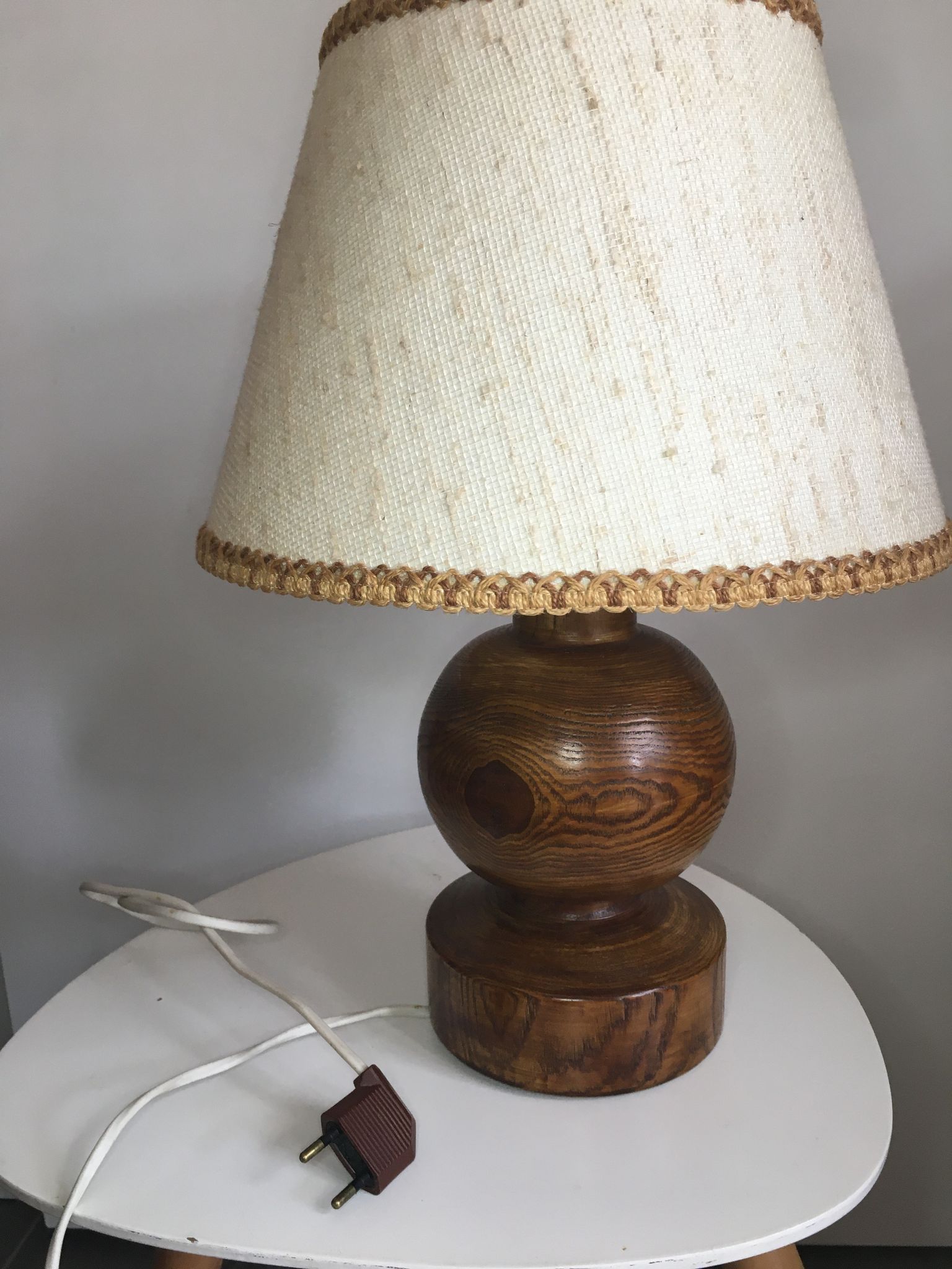 Vintage wooden foot lamp, with original lampshade