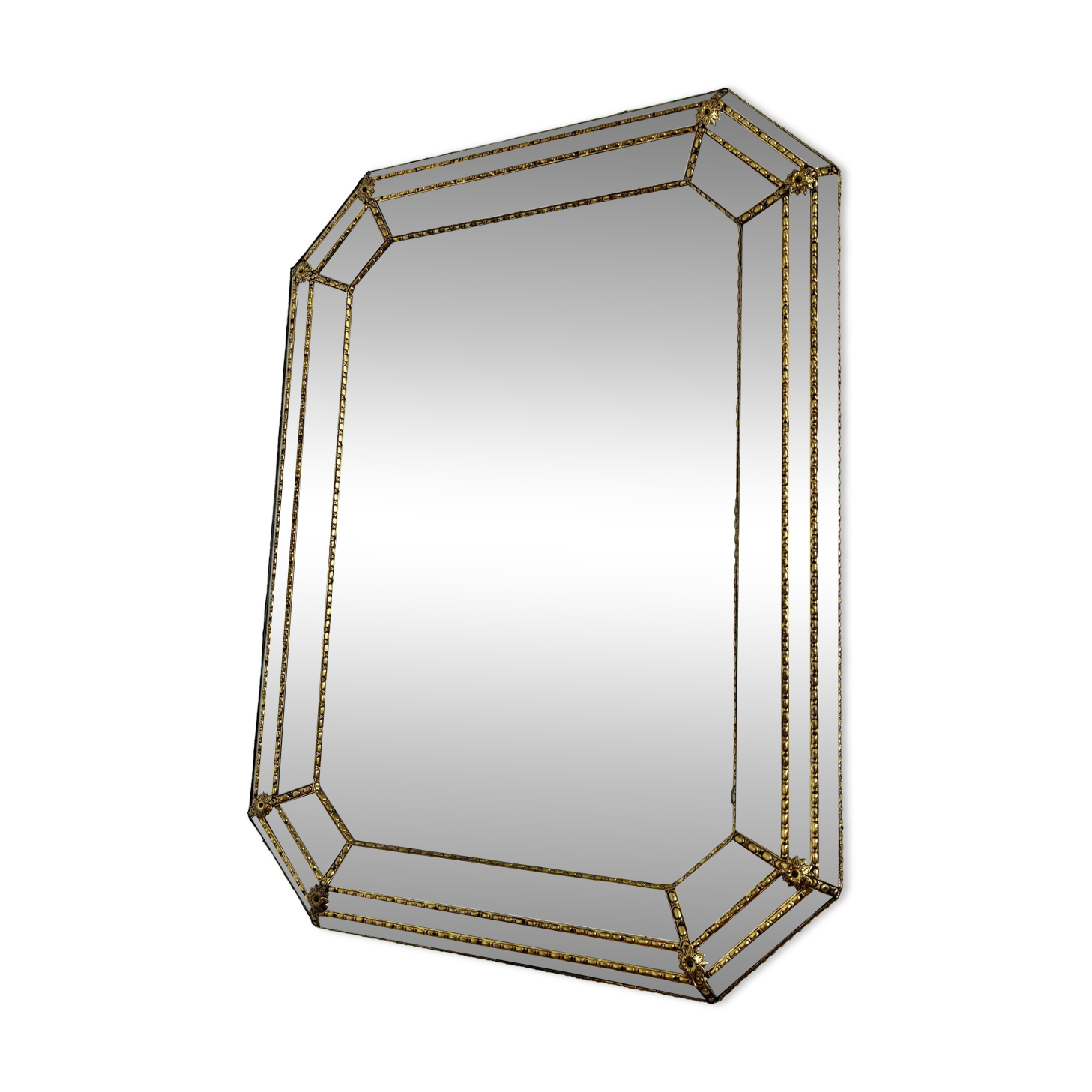 Vintage Spanish Venetian-style wall mirror, octagonal brass, 1980s Hollywood Regency