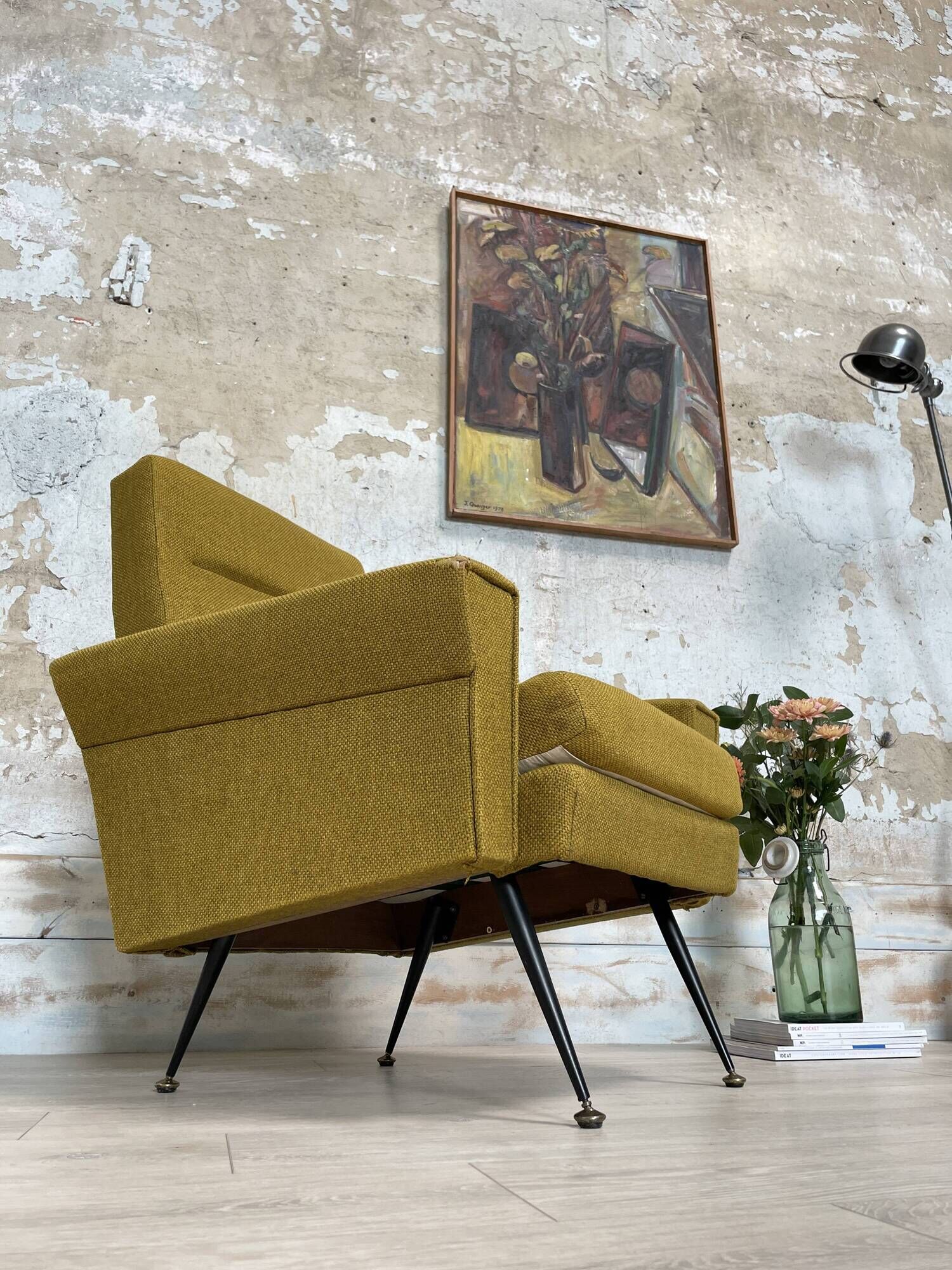 Vintage armchair in fabric and metal compass legs, circa 1950.