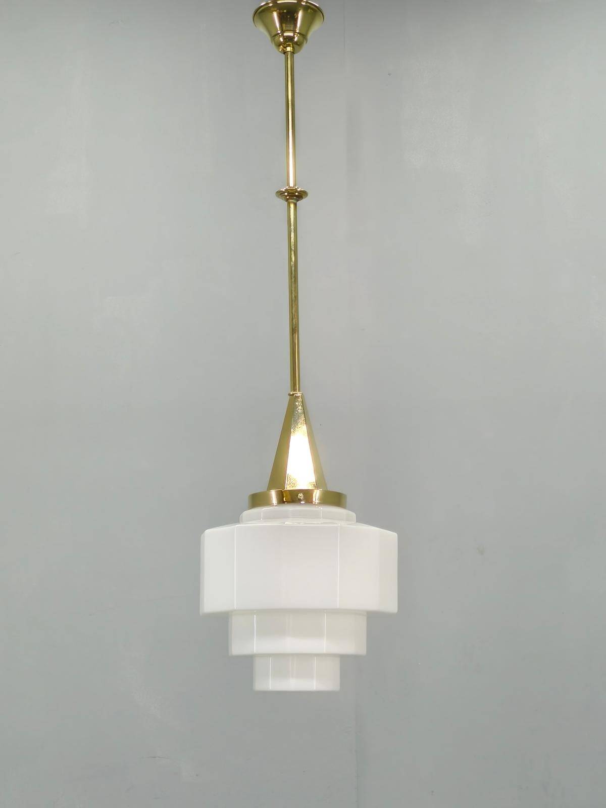 Art Deco Brass Pendant with Geometric Opaline Glass, Czechoslovakia 1930s