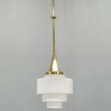 Art Deco Brass Pendant with Geometric Opaline Glass, Czechoslovakia 1930s