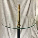 Old designer side table in tempered glass and black and gold metal