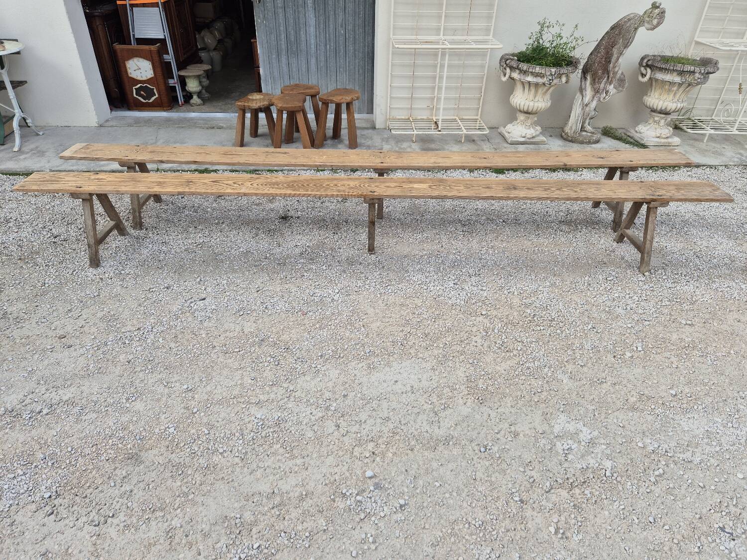 Pair of rustic oak and fir farmhouse benches 1900s - 3m85