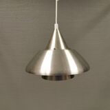 Danish hanging lamp in silver-coloured aluminium with contrasting orange lacquer inside.
