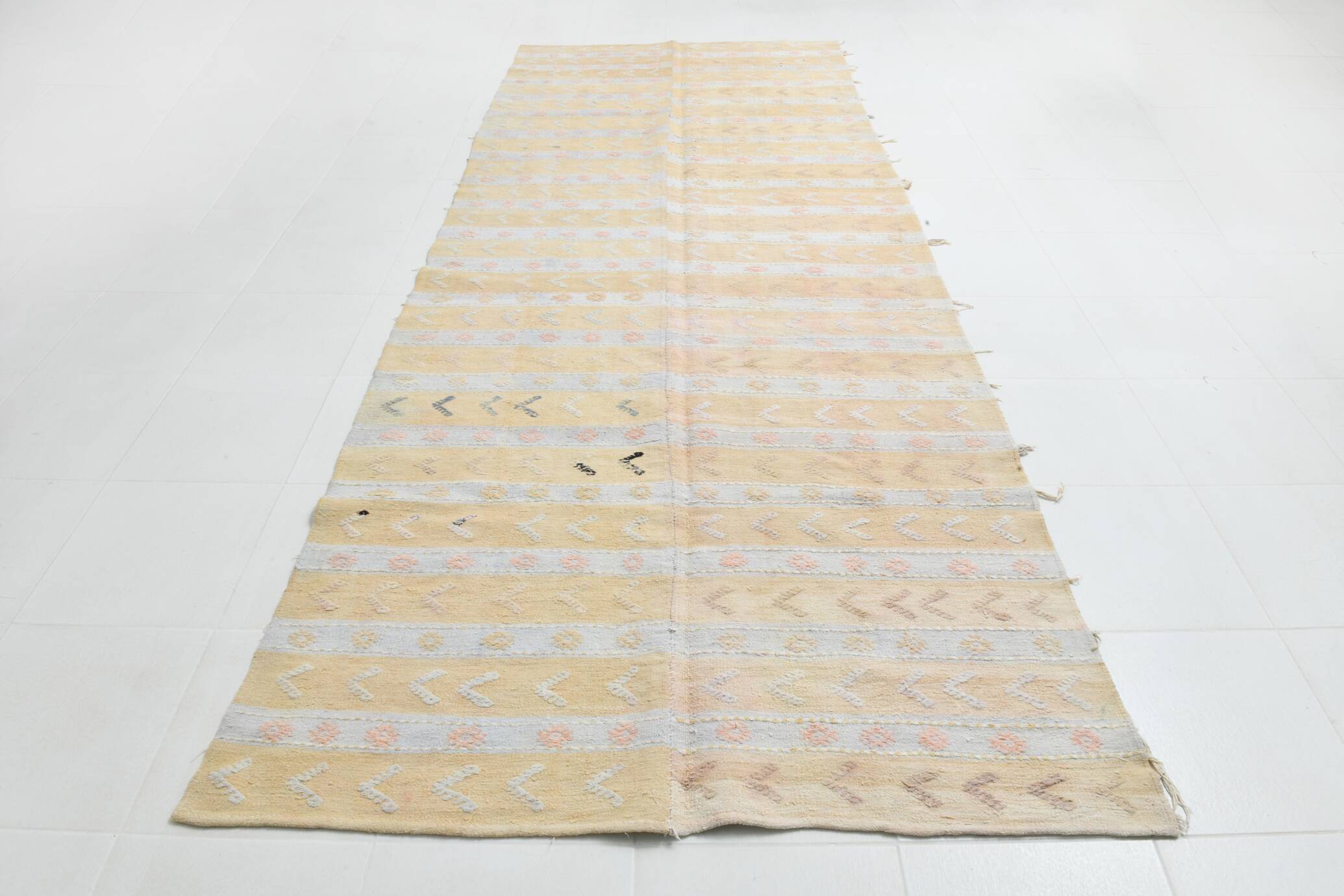 Soft Beige & Mustard Yellow Striped Wool Kilim Rug, 155x396