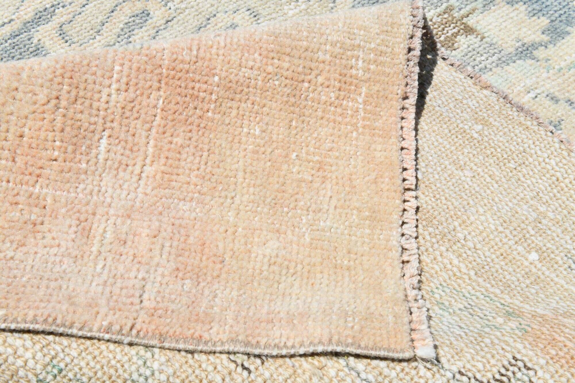 Tapis Oushak Vintage, Laine Turque Beige Pêche & Bleu Délavé, 159x227 Cm